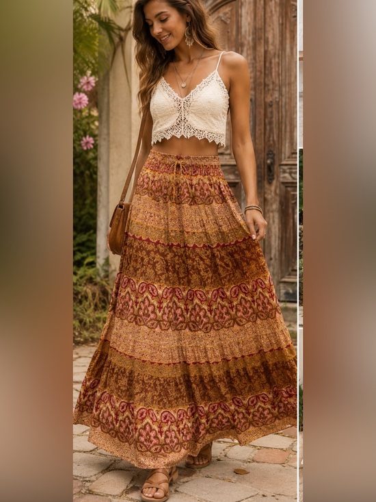 Vintage Dresses & Skirts - Vintage Bohemian Paisley Tiered Maxi Skirt Size L Made in India 100% Rayon